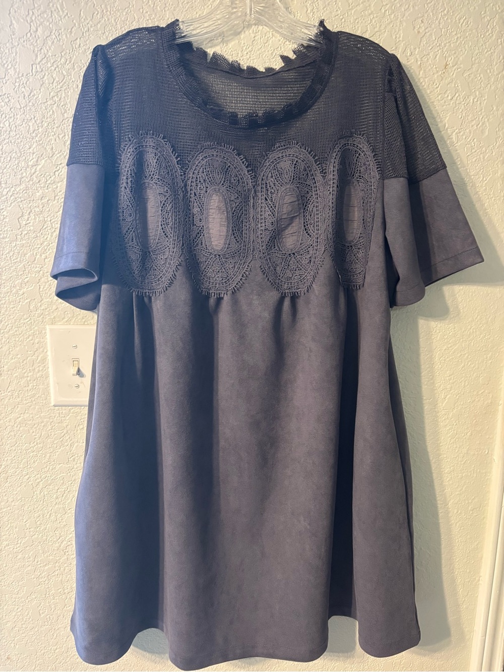 Gray distinctive lace patch mesh neckline Tunic babydoll mini dress XL